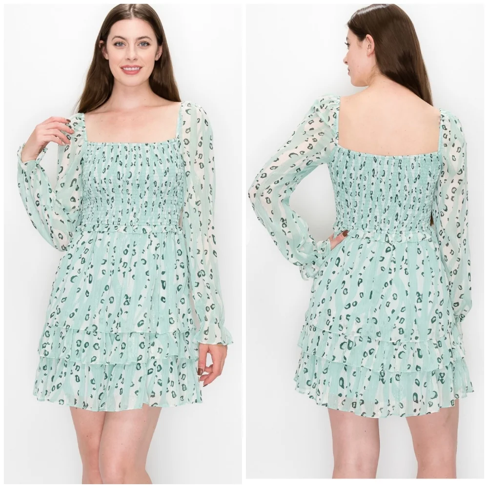 FEW LEFT❗️INA Gorgeous Chic Mint Sage Abstract Leopard Print Long Sleeves Dress